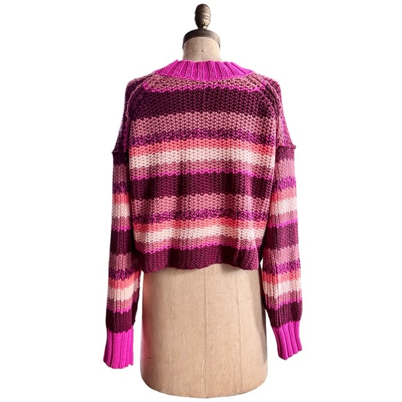 Free People Devon Cropped Knit Striped Sweater in Fuchsia Rose, Sz Sm - Picture 5 of 16